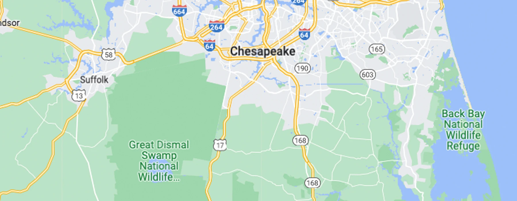 Map showing the location of Pest Control in Chesapeake in relation to surrounding highways and geographic features.