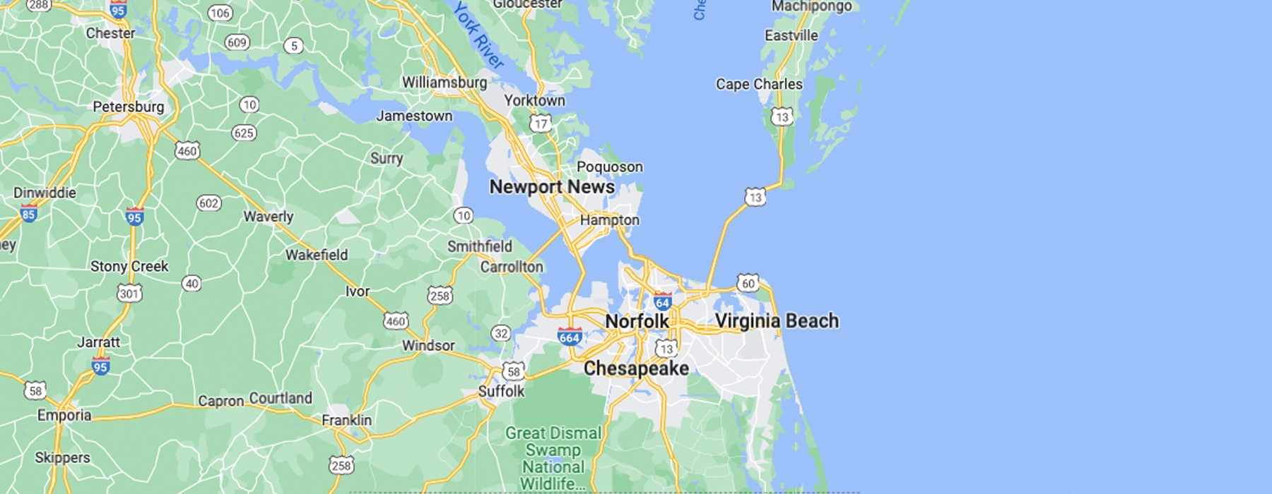 Map showing the entire service area for Mosquito Elite Pest Control in Hampton Roads and north into Williamsburg, Virginia